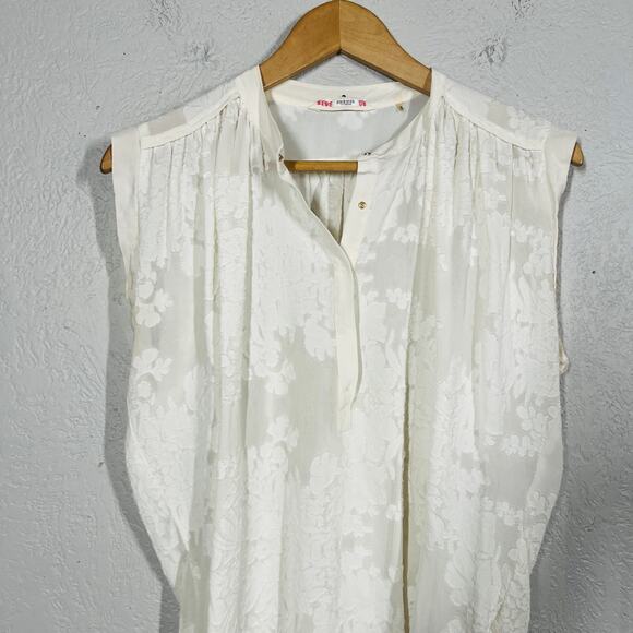 Rebecca Taylor Silk Floral Top V Neck Ivory White Embossed Snap Pleat - 4 - Picture 2 of 6